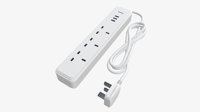 Power strip with USB ports UK white 3D model