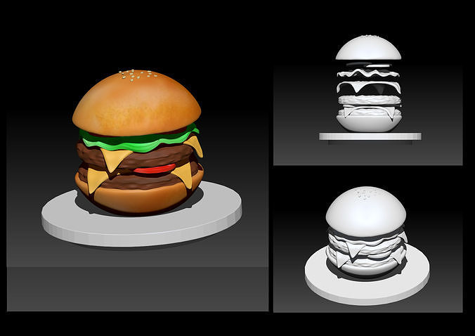 hamburger 3D model three different hamburgers on plate 3D print model