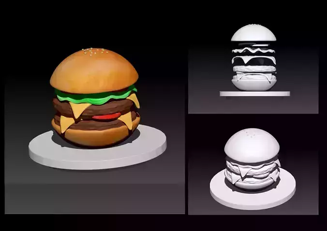 hamburger 3D model three different hamburgers on plate 3D print model