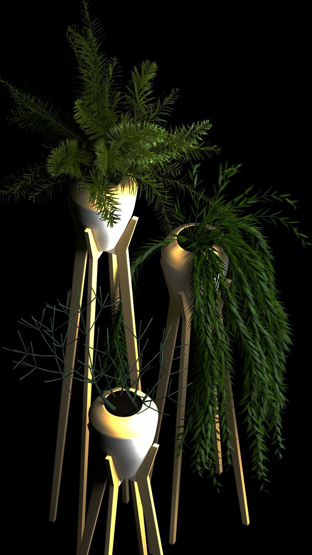 Set Plants three plant pots on wooden legs 3D model_2