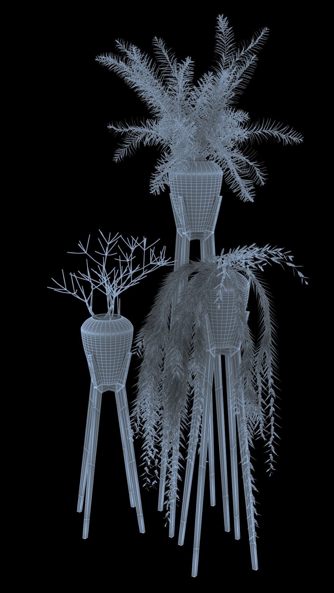 Set Plants three plant pots on wooden legs 3D model_4