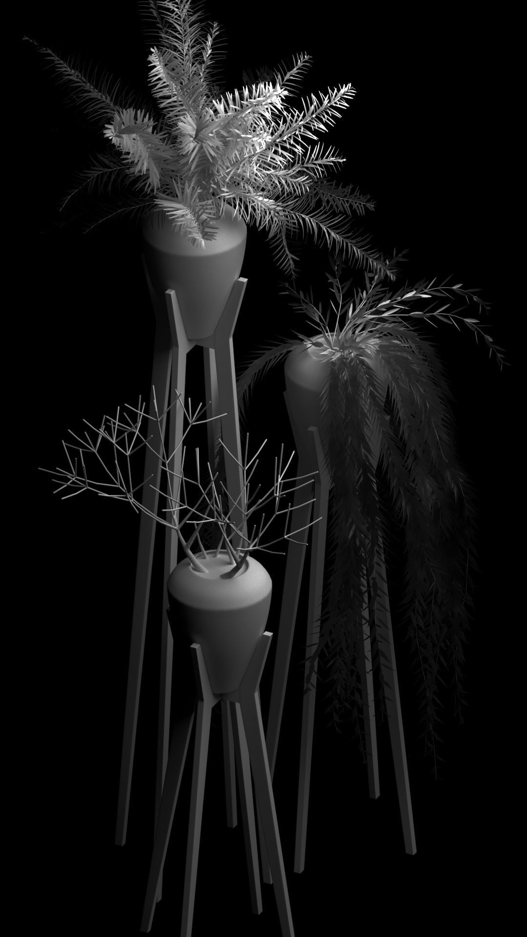 Set Plants three plant pots on wooden legs 3D model_3