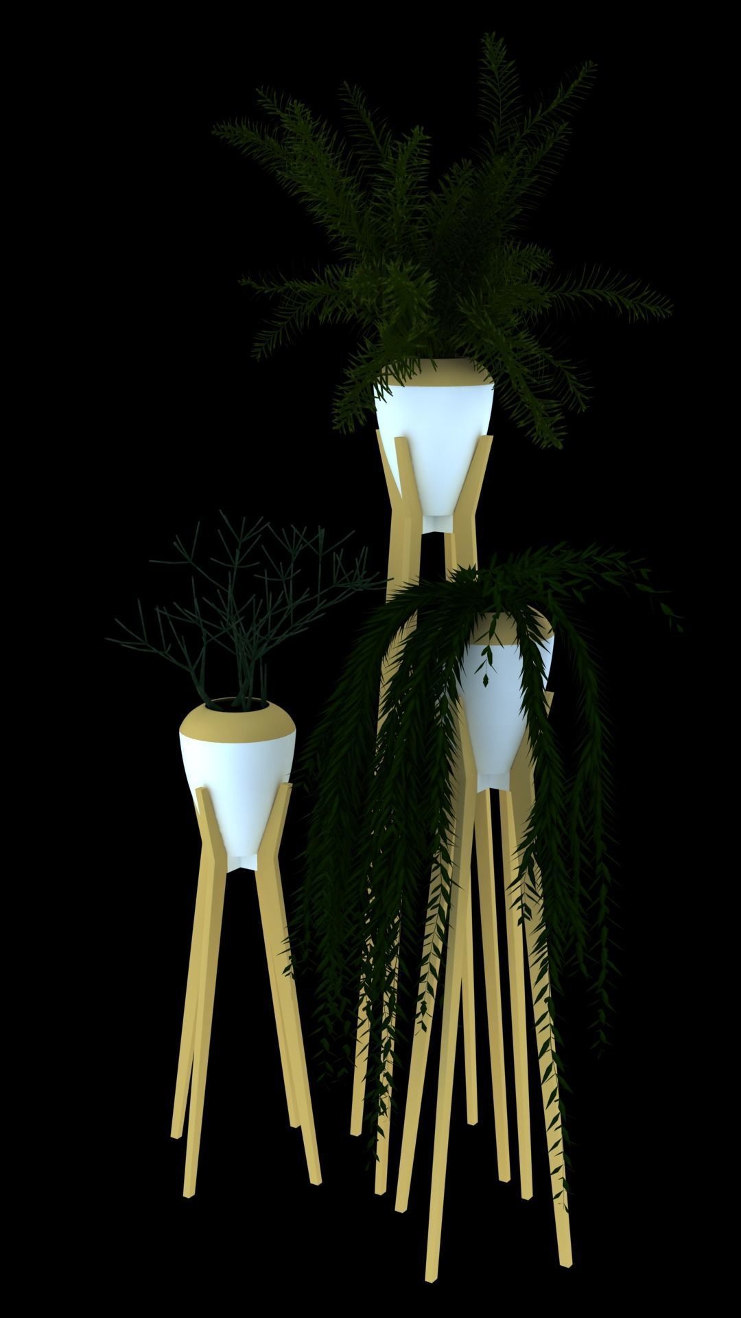 Set Plants three plant pots on wooden legs 3D model_1