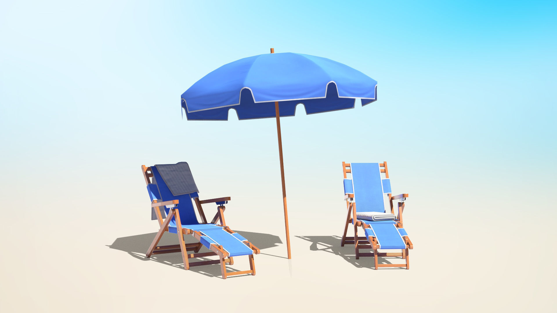 Beach Chairs Set With Umbrella Low-poly 3D model_8