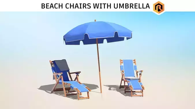Beach Chairs Set With Umbrella Low-poly 3D model