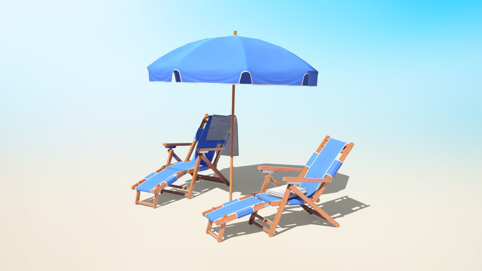 Beach Chairs Set With Umbrella Low-poly 3D model_1