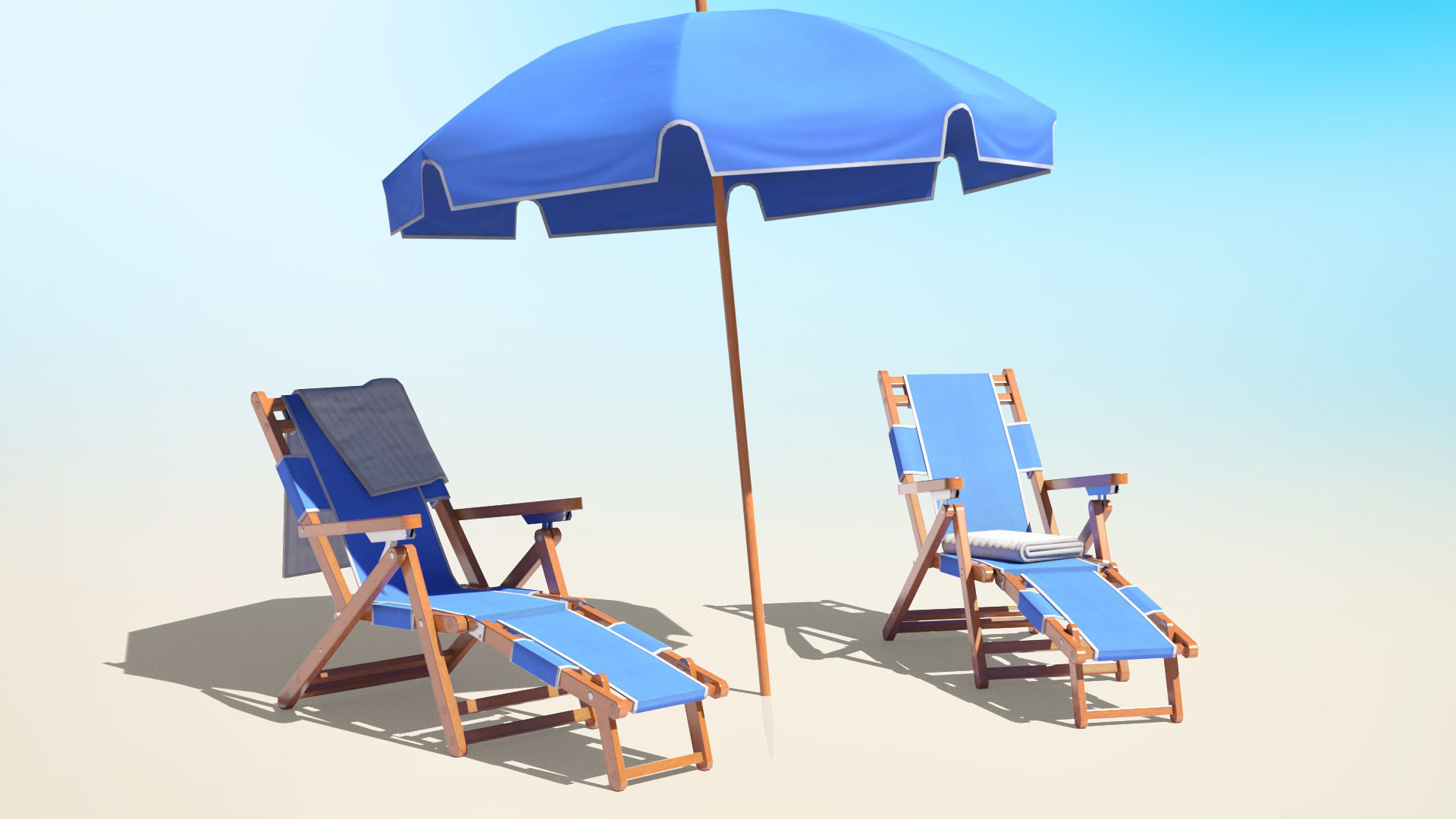Beach Chairs Set With Umbrella Low-poly 3D model_2