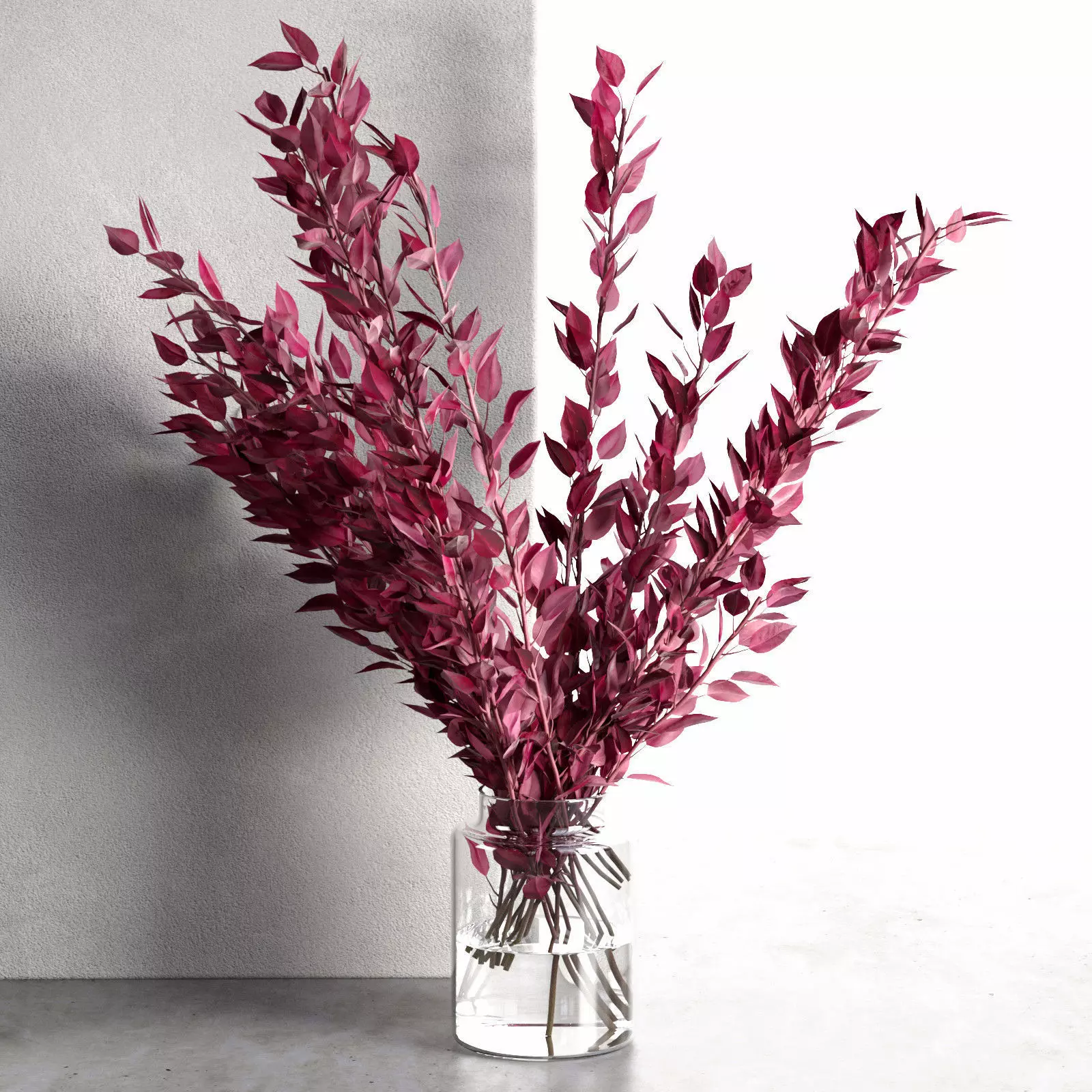 Red Eucalyptus Leaves in Glass Vase 3D model_0