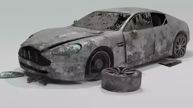 Damaged abandoned wrecked rusted Aston Martin car model