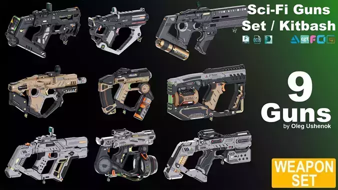 Sci-Fi Guns Set Kitbash 3D model Sci-Fi Guns Set Kitbash 3D model