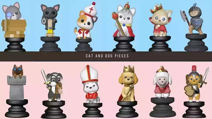 Cat and Dog Chess Pieces 3D print model