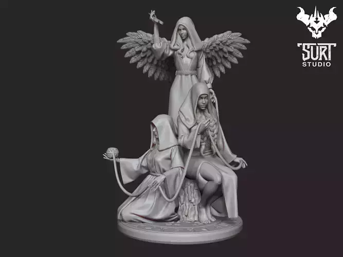 The Norns statue with three angels