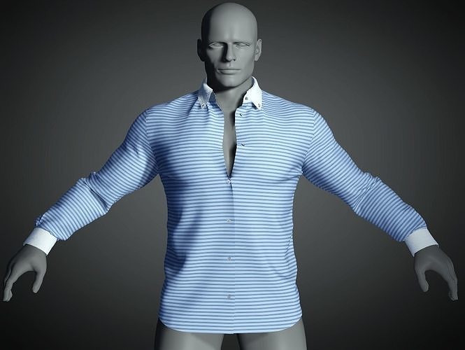 Long sleeve shirt with open collar in blue white stripe 3D model