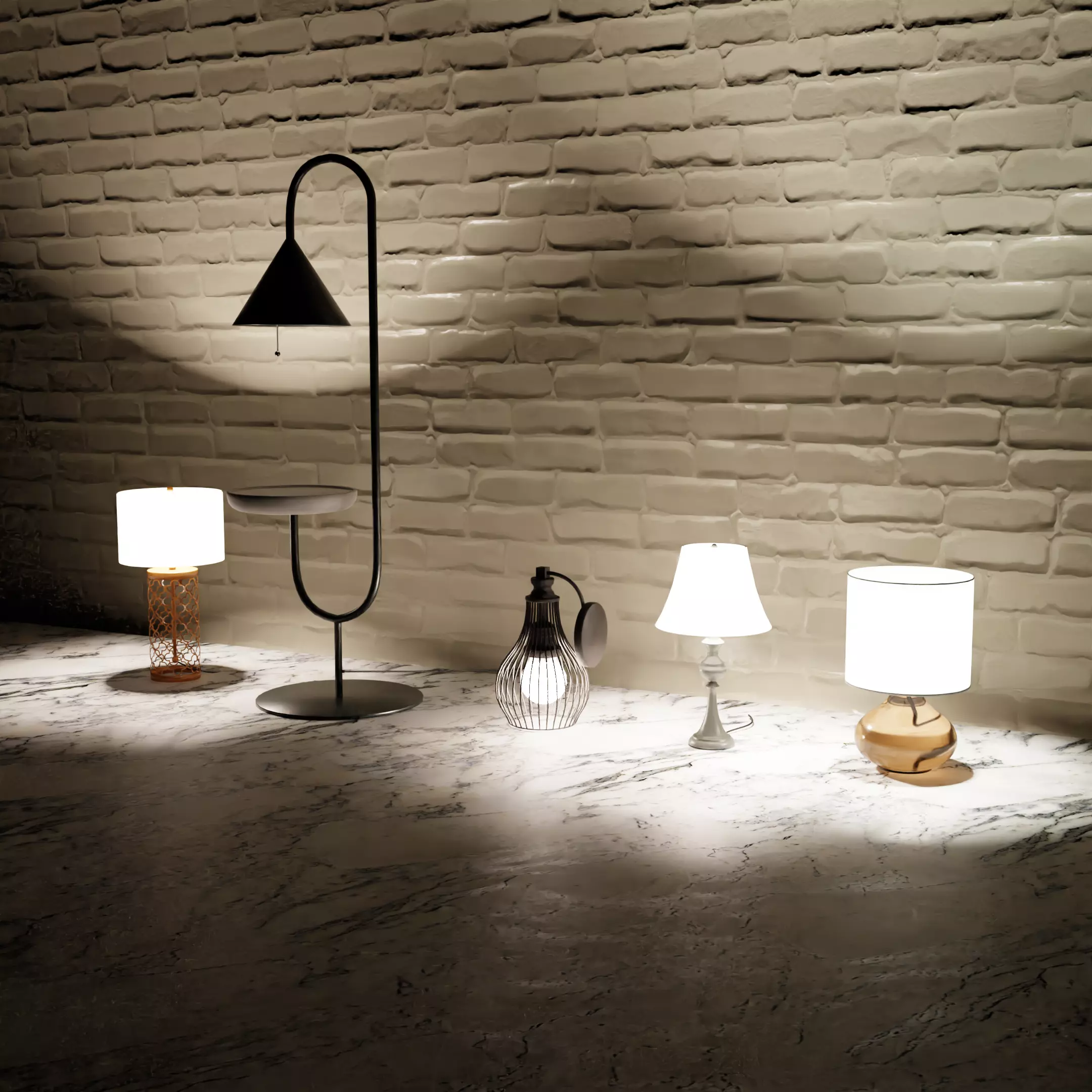 Five lamps with different designs Low-poly 3D model_0