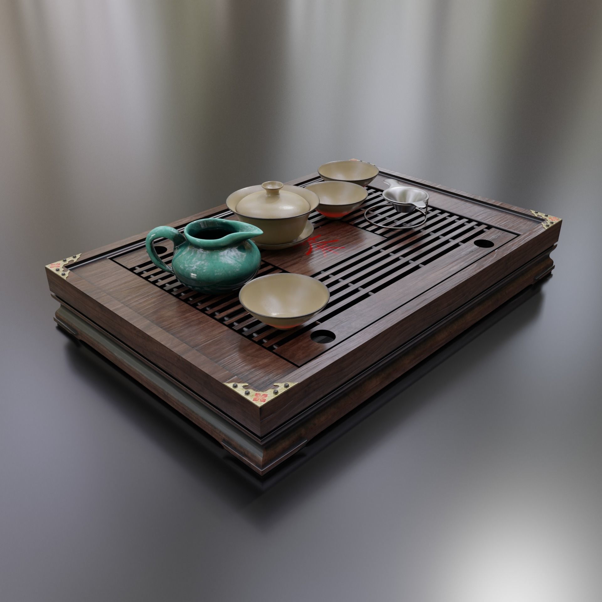 Chinese Tea Table Chaban cups and teapot 3D model_1