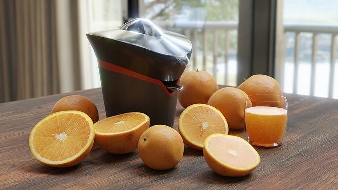 Citrus juicer with oranges and a glass of juice Free 3D model