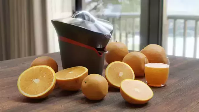 Citrus juicer with oranges and a glass of juice Free 3D model