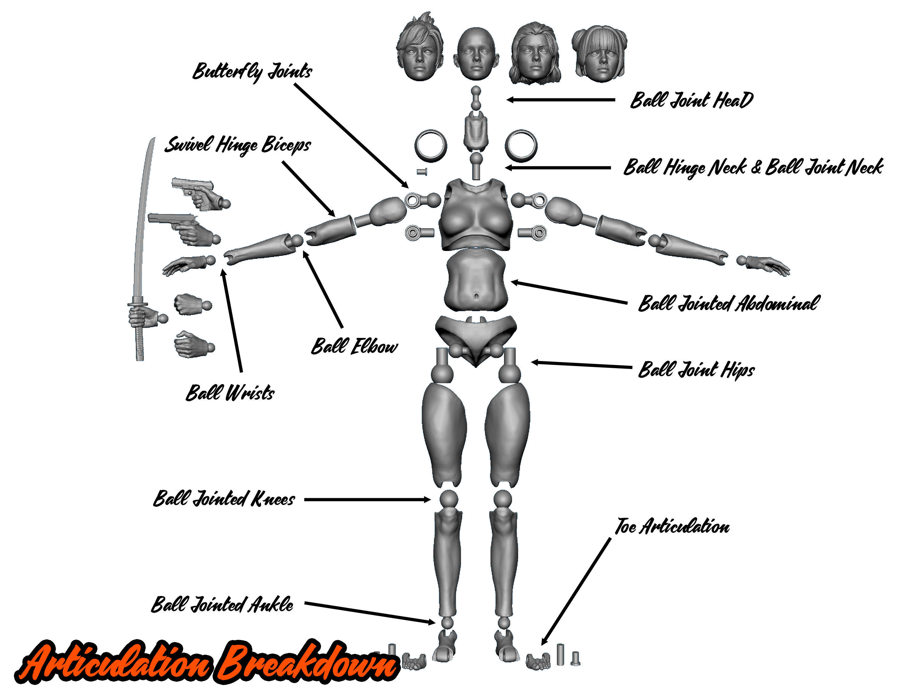 ACTION FIGURE 3D PRINTING FEMALE MOVABLE BODY TOY MODEL STL 3D print model_6