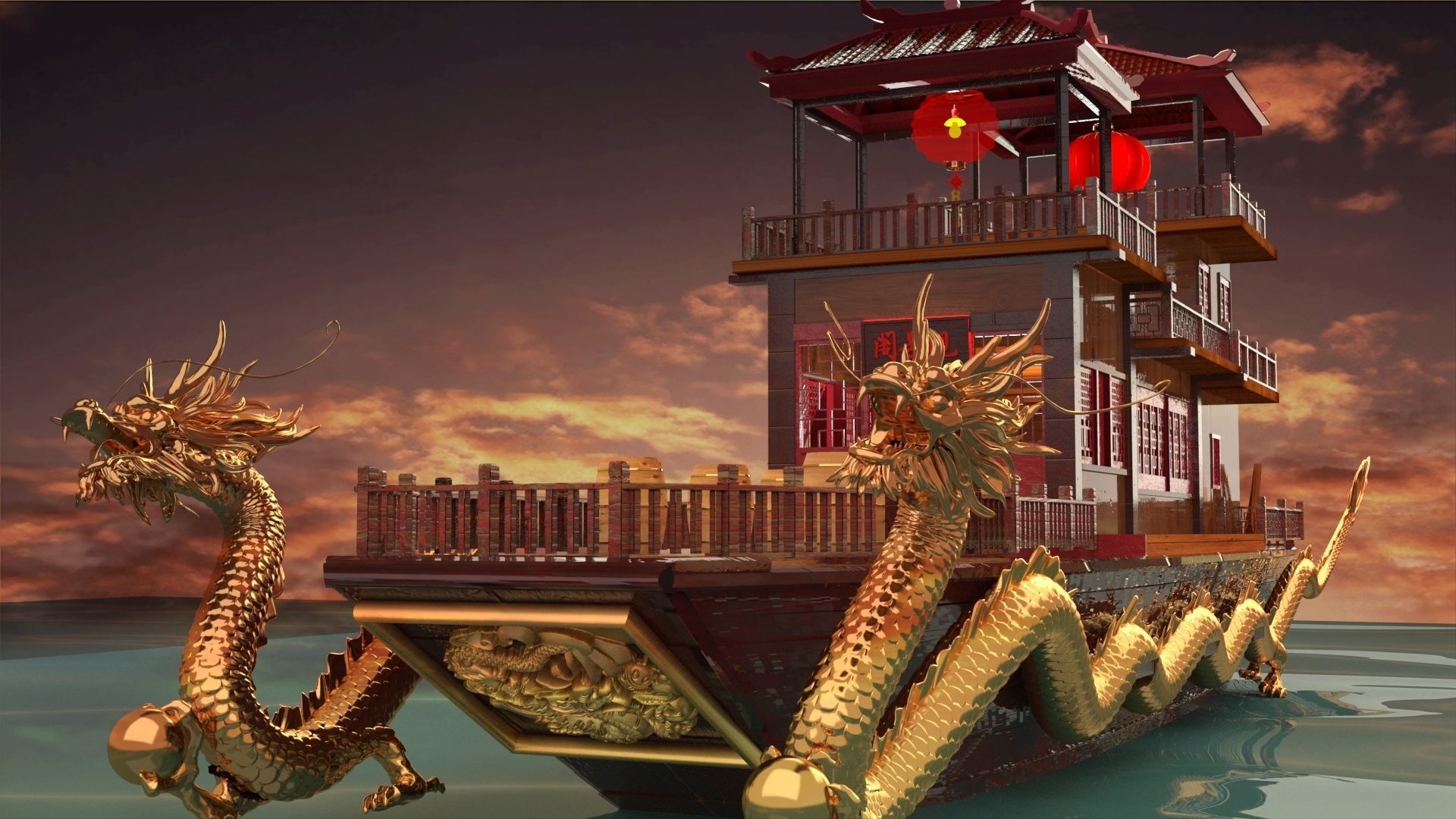 Chinese ancient dragon  house boat 3D model_6