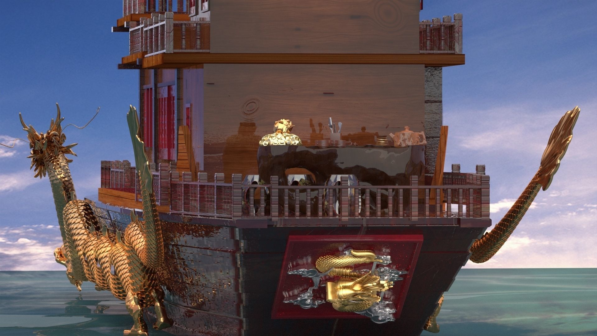 Chinese ancient dragon  house boat 3D model_5