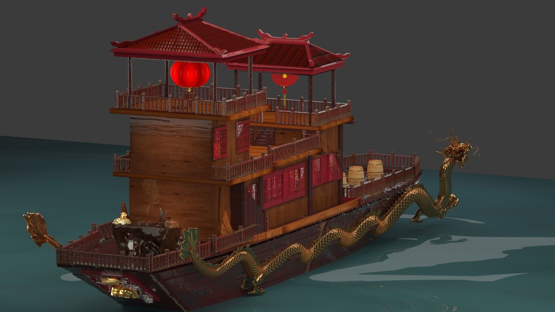 Chinese ancient dragon  house boat 3D model_4