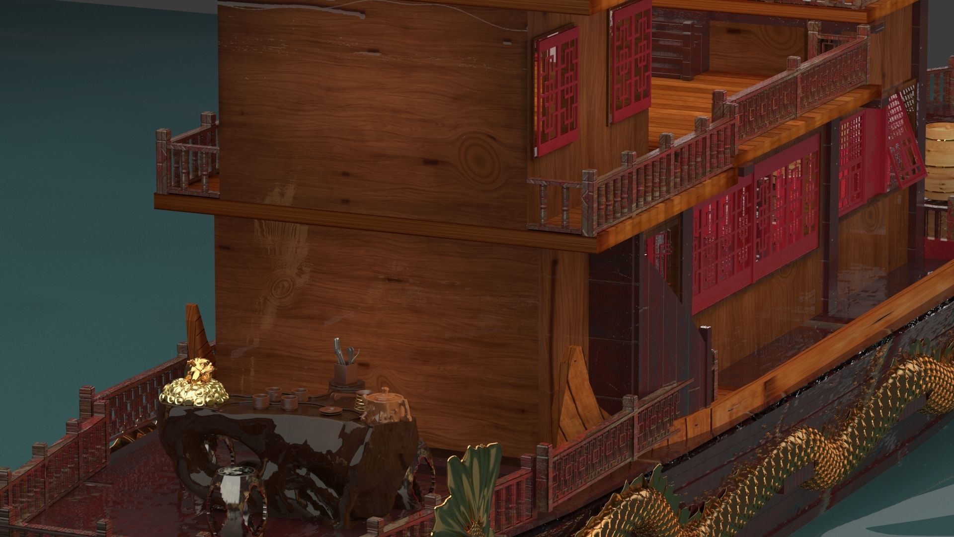 Chinese ancient dragon  house boat 3D model_2