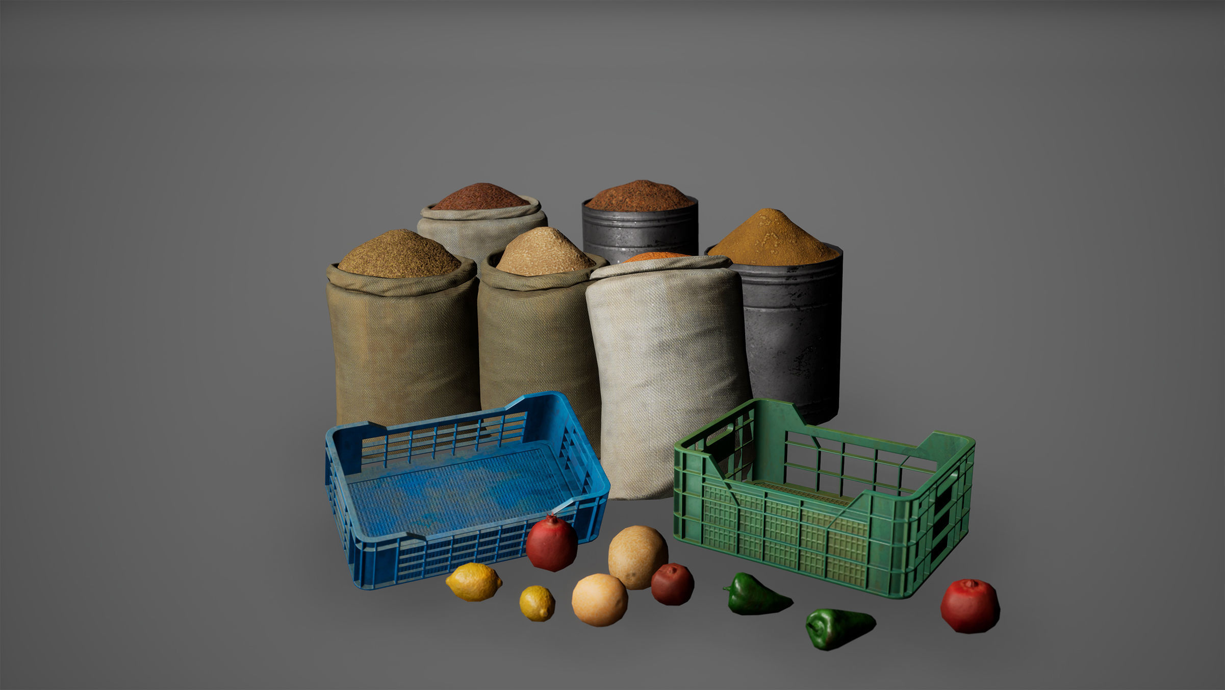 Groceries Set Vegetable Fruit Basket Game Ready Low-poly 3D model_1