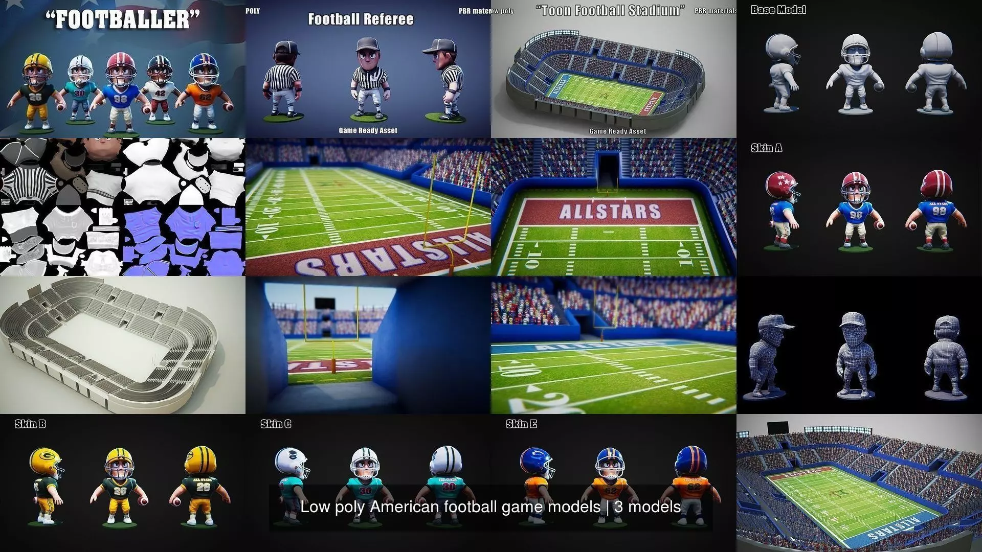 Low poly American football game models 3D Model Collection_3