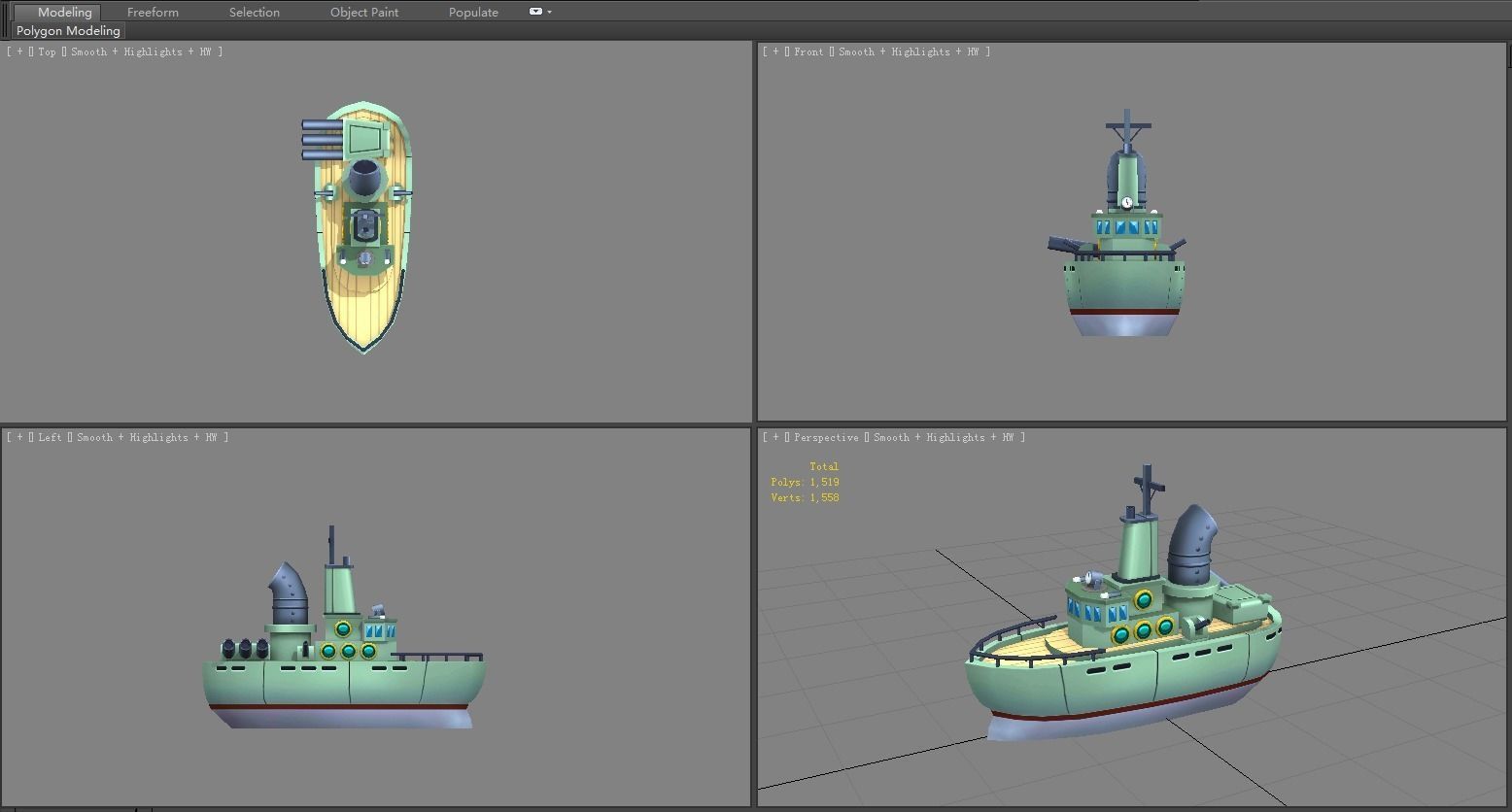 Cartoon warship Low-poly 3D model_4