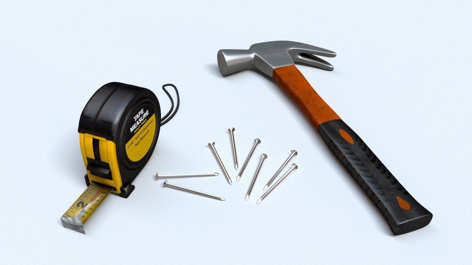 Worker tool set - Hammer Nails Tape Measure Low-poly 3D model_1