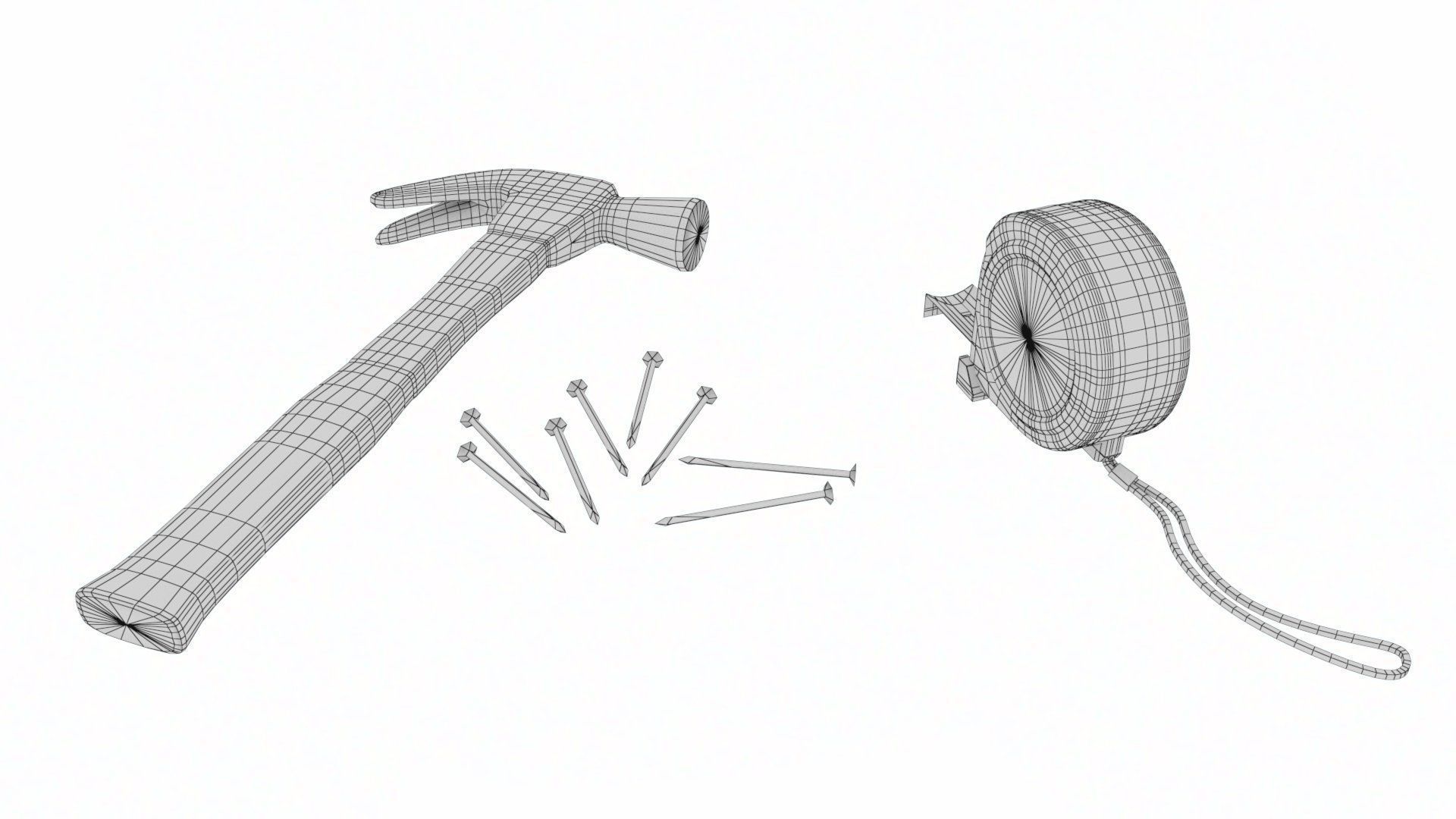 Worker tool set - Hammer Nails Tape Measure Low-poly 3D model_37