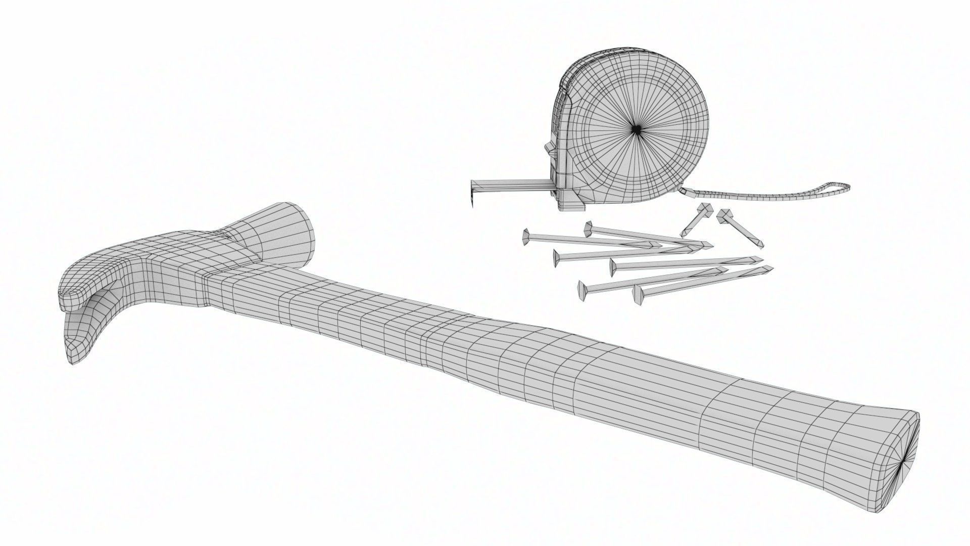 Worker tool set - Hammer Nails Tape Measure Low-poly 3D model_39