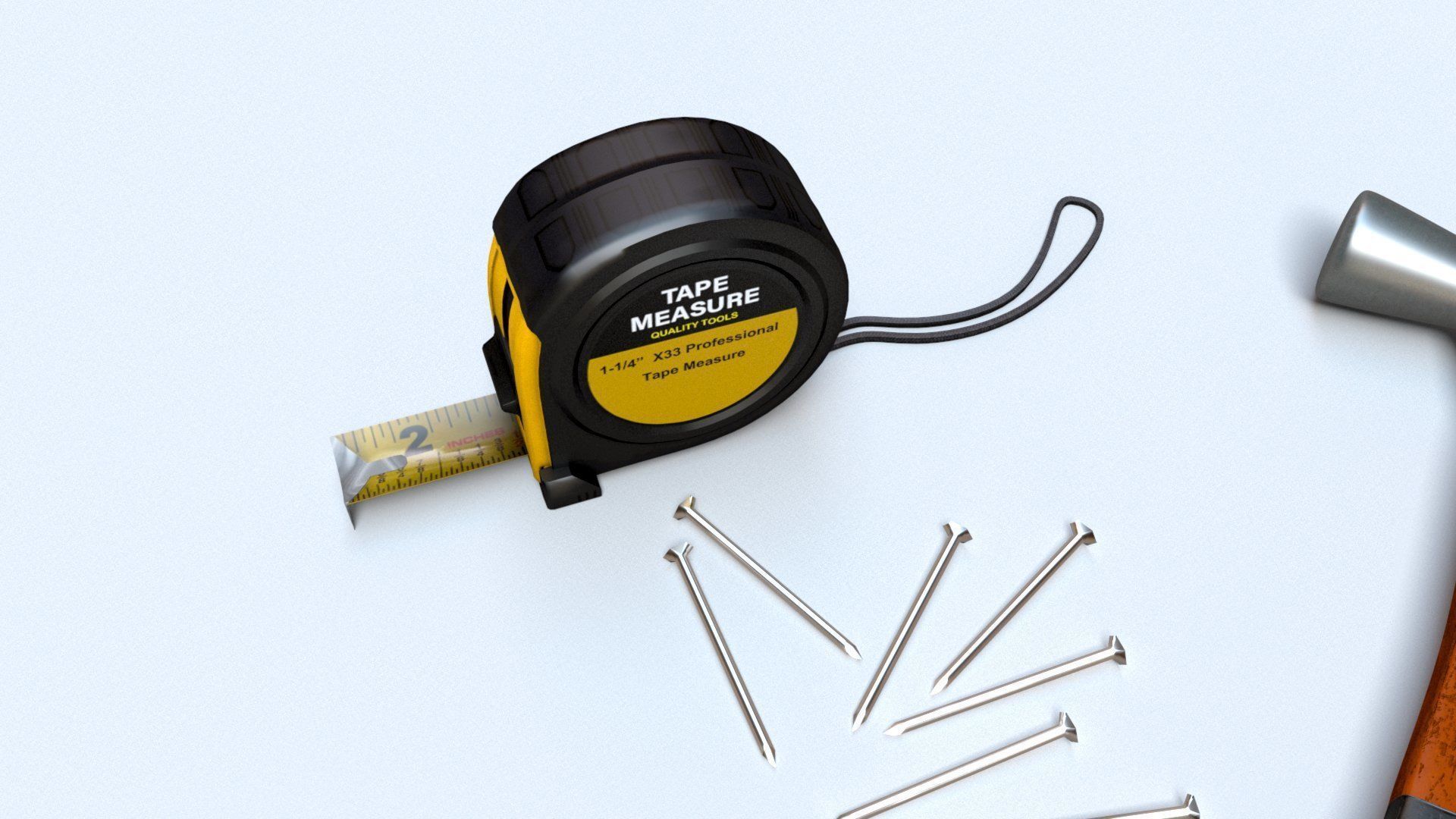 Worker tool set - Hammer Nails Tape Measure Low-poly 3D model_3