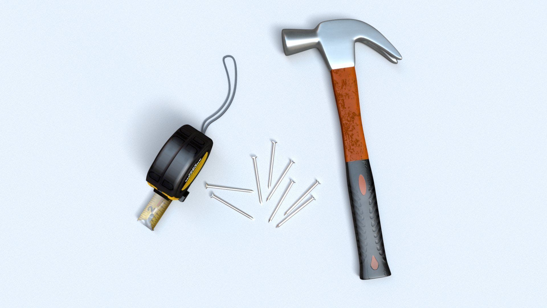 Worker tool set - Hammer Nails Tape Measure Low-poly 3D model_2