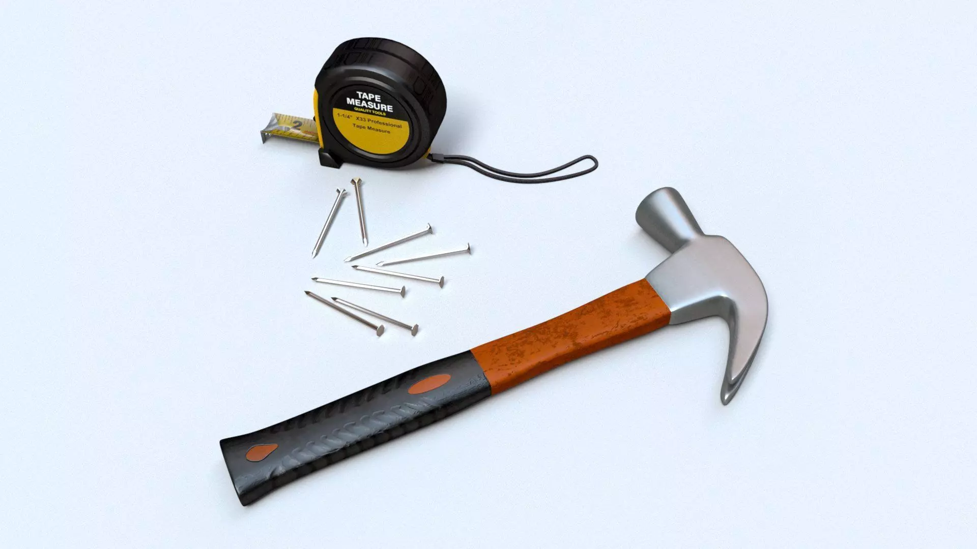 Worker tool set - Hammer Nails Tape Measure Low-poly 3D model_0