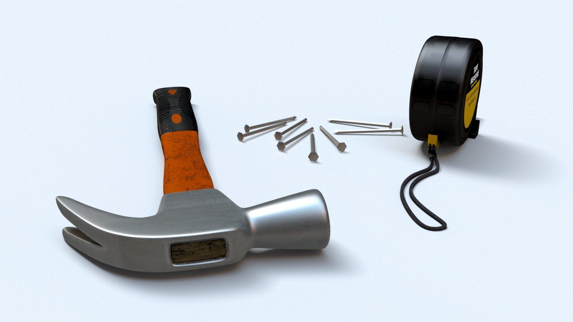 Worker tool set - Hammer Nails Tape Measure Low-poly 3D model_6