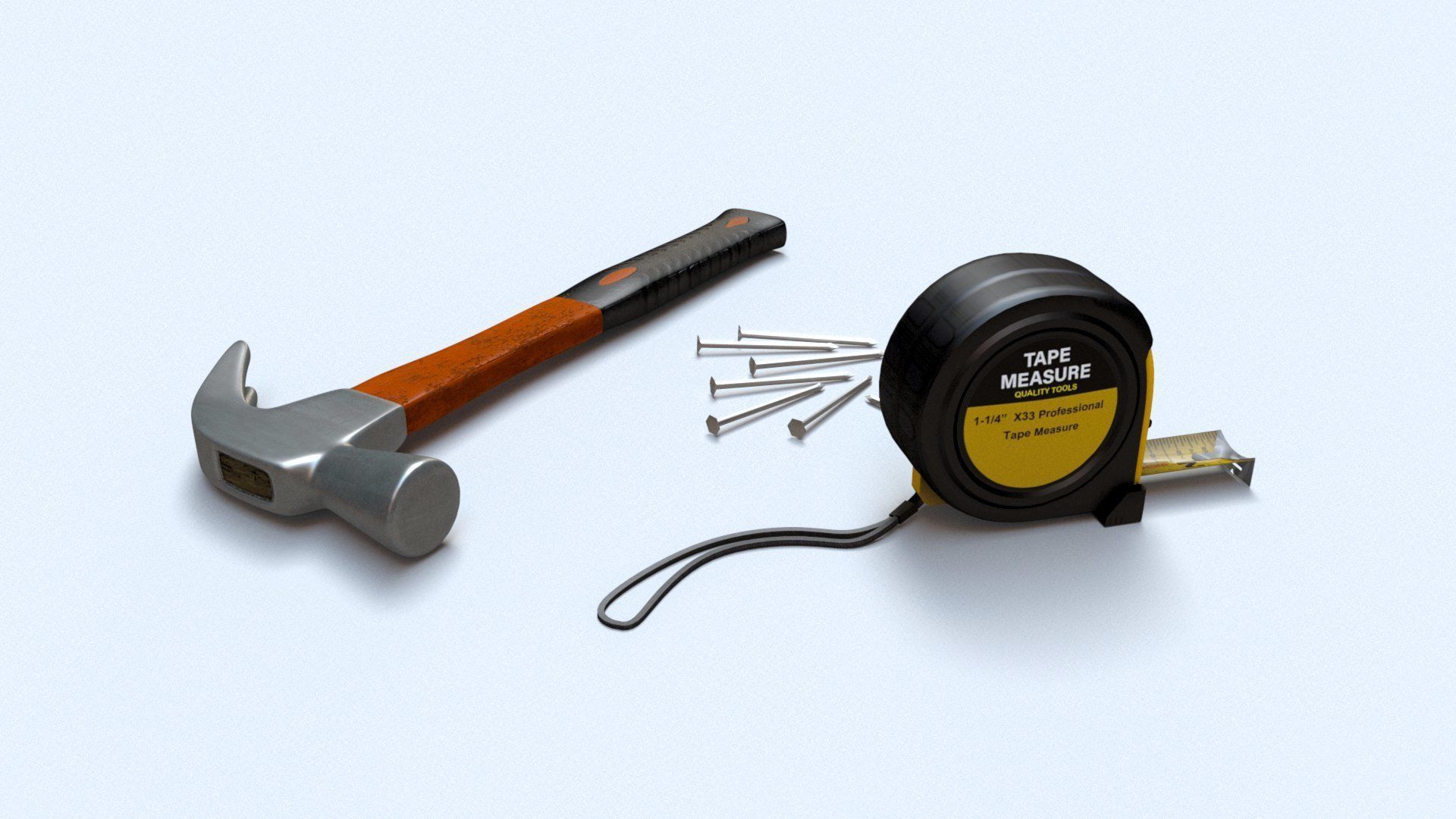 Worker tool set - Hammer Nails Tape Measure Low-poly 3D model_5