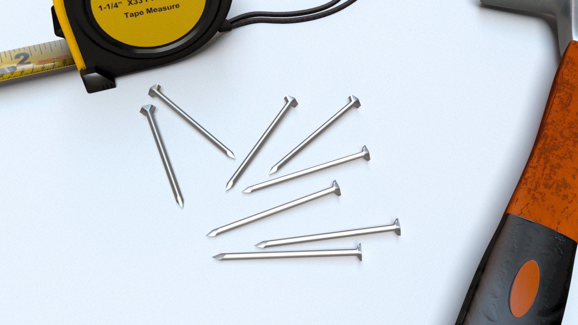 Worker tool set - Hammer Nails Tape Measure Low-poly 3D model_4