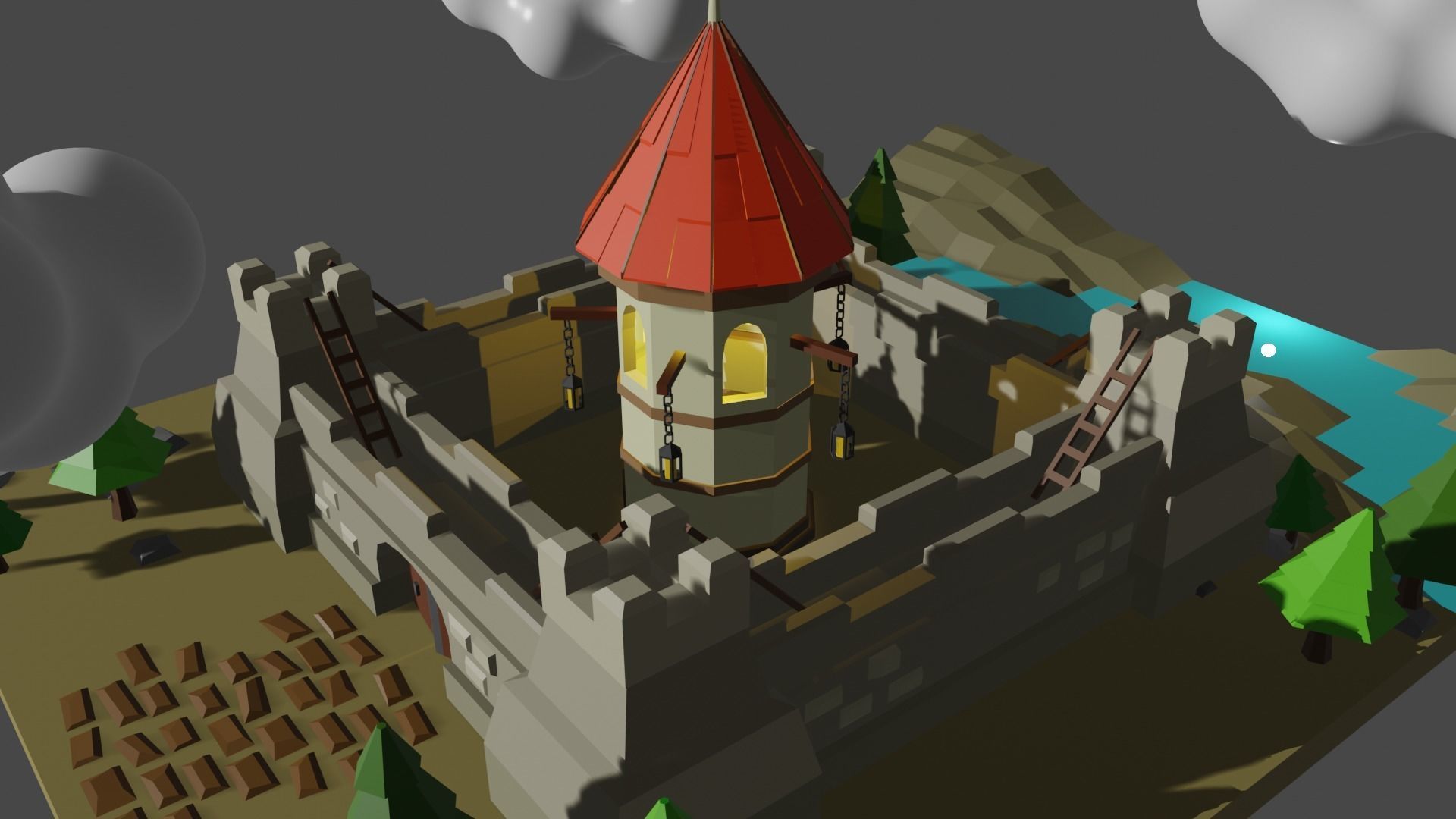 Castle in middle of field 3D model_10