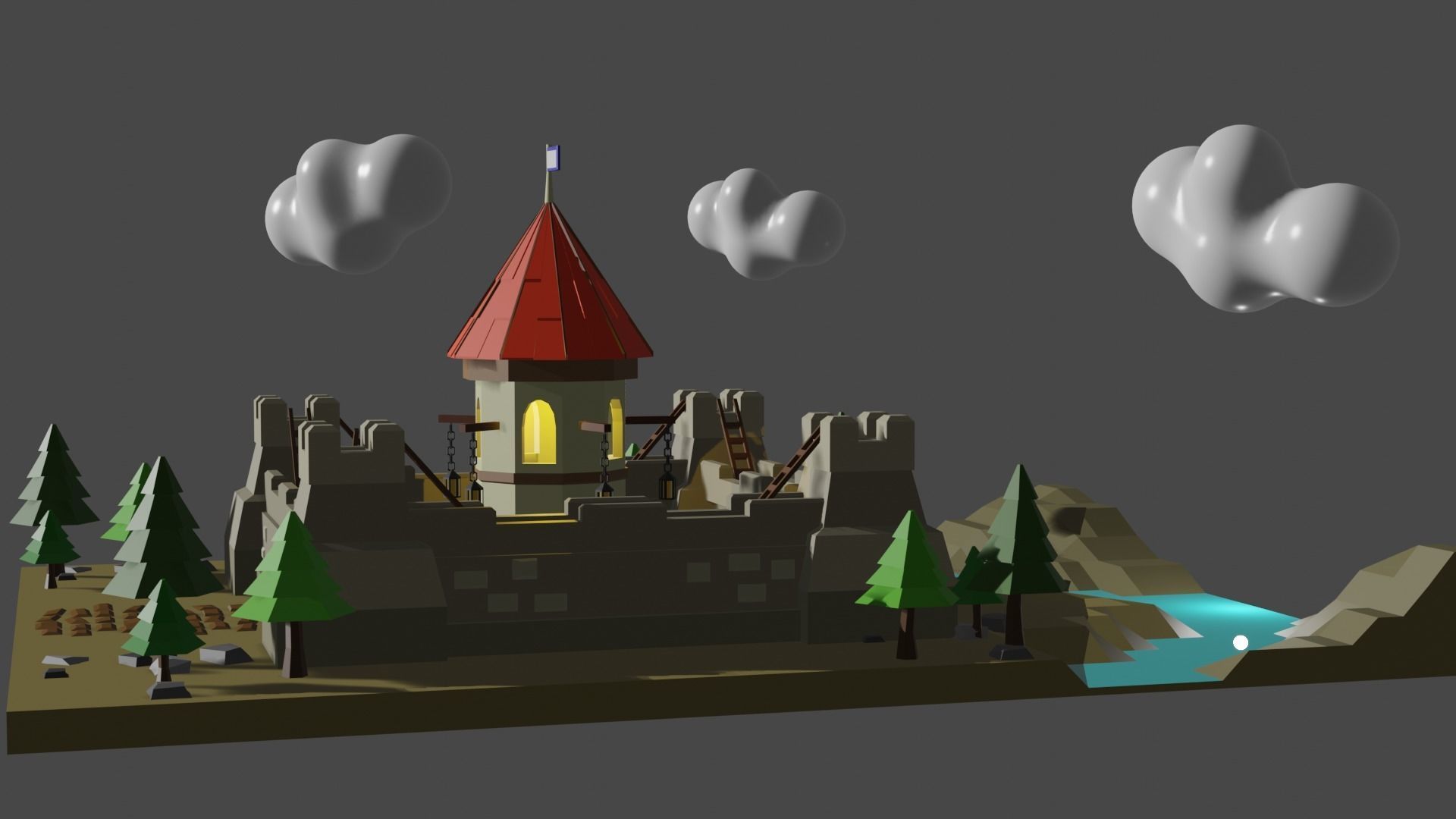 Castle in middle of field 3D model_4