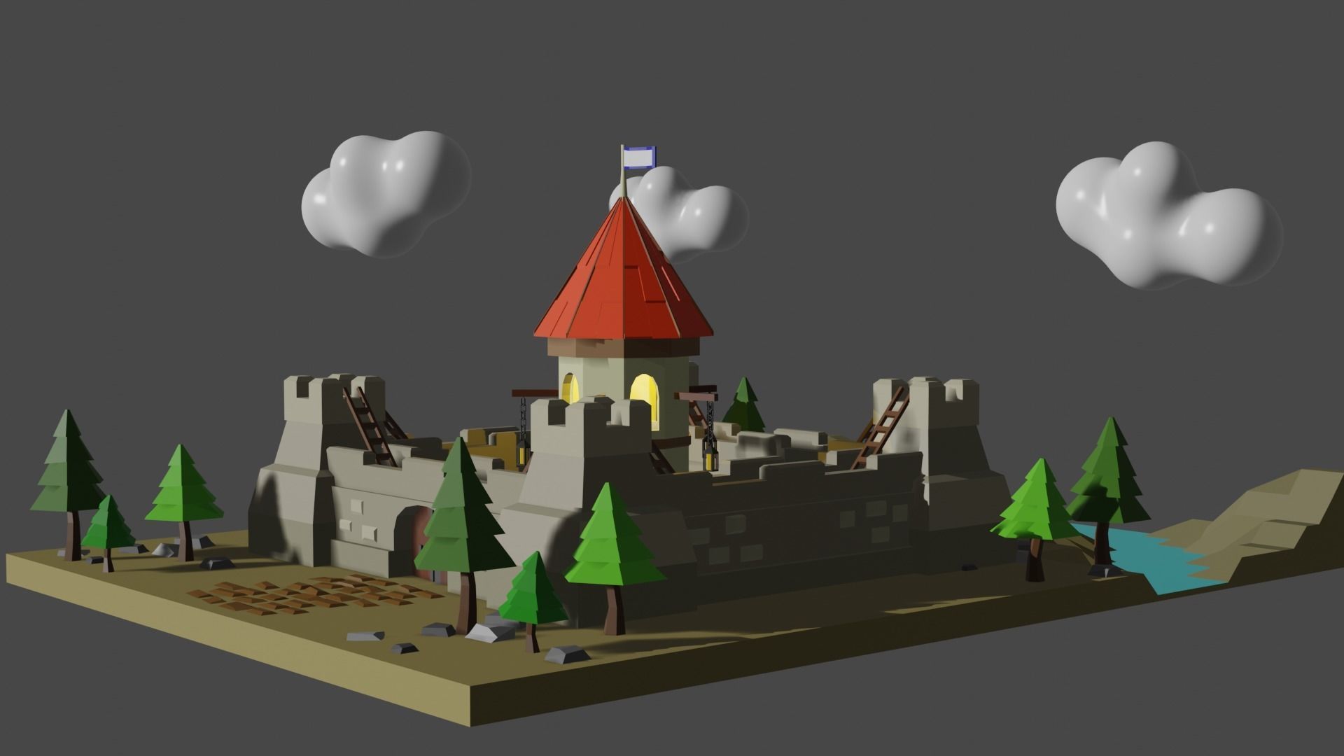 Castle in middle of field 3D model_3