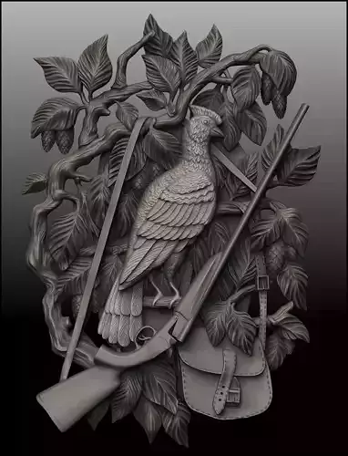 Hunting wood carving of bird with rifle