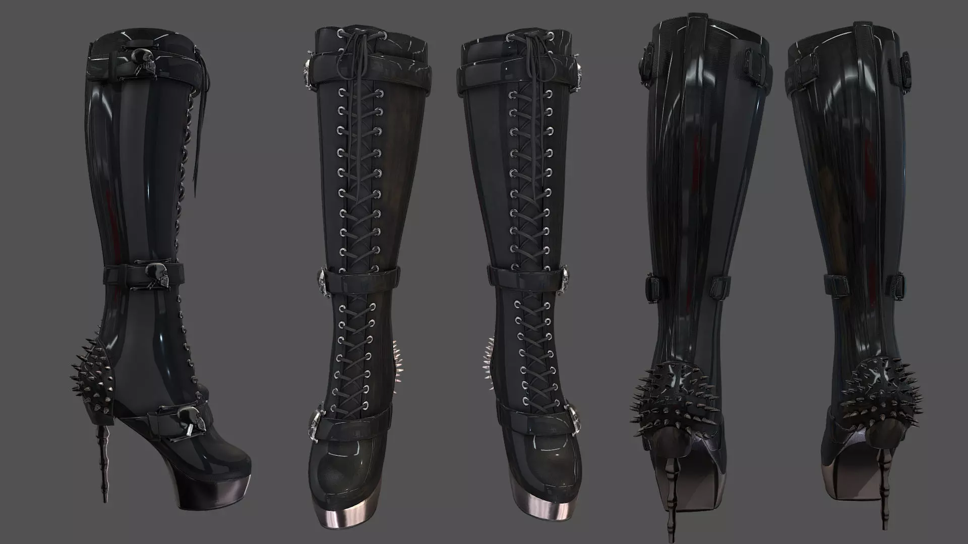 Skulls Spikes Decorated High Heel Boots Low-poly 3D model