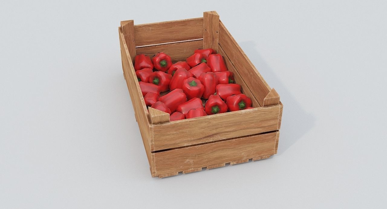 Wooden crate and red peppers Low-poly 3D model_1