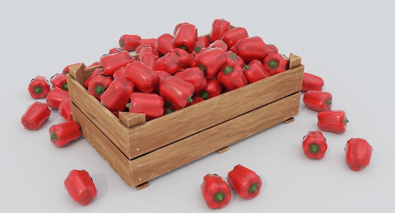 Wooden crate and red peppers Low-poly 3D model_3