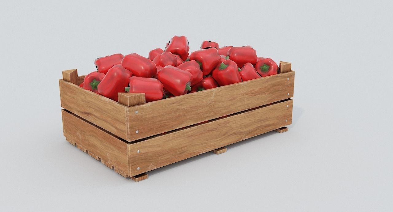 Wooden crate and red peppers Low-poly 3D model_2