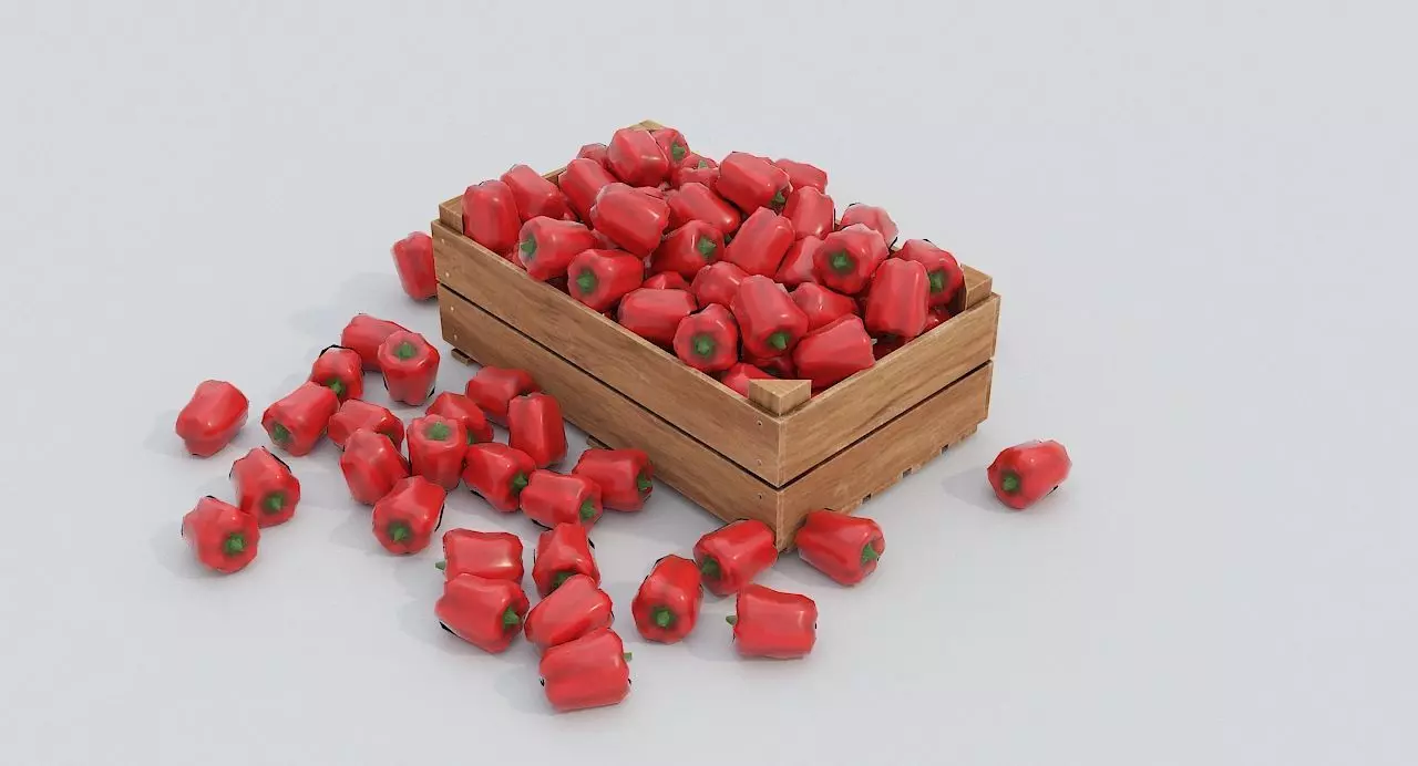 Wooden crate and red peppers Low-poly 3D model_0