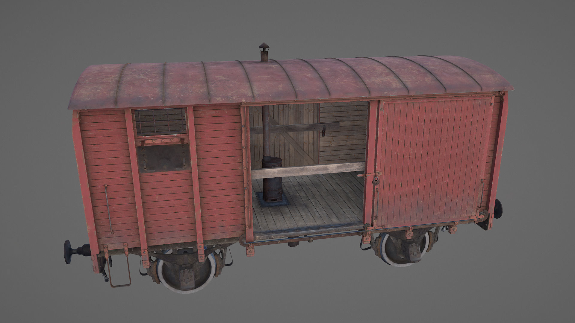 Railway Covered Goods Wagon 18T Vr1 Default Red Low-poly 3D model_8