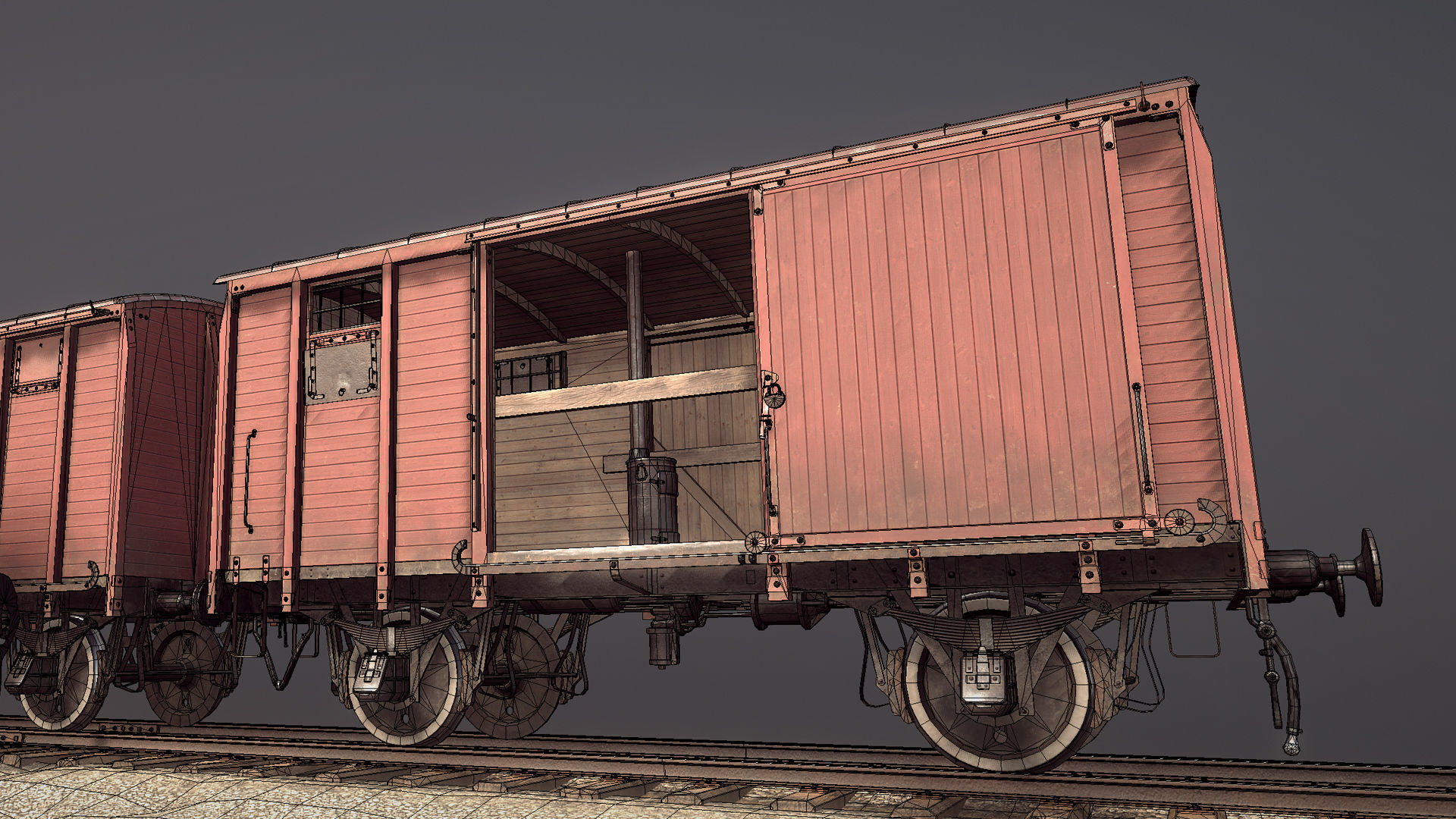 Railway Covered Goods Wagon 18T Vr1 Default Red Low-poly 3D model_25