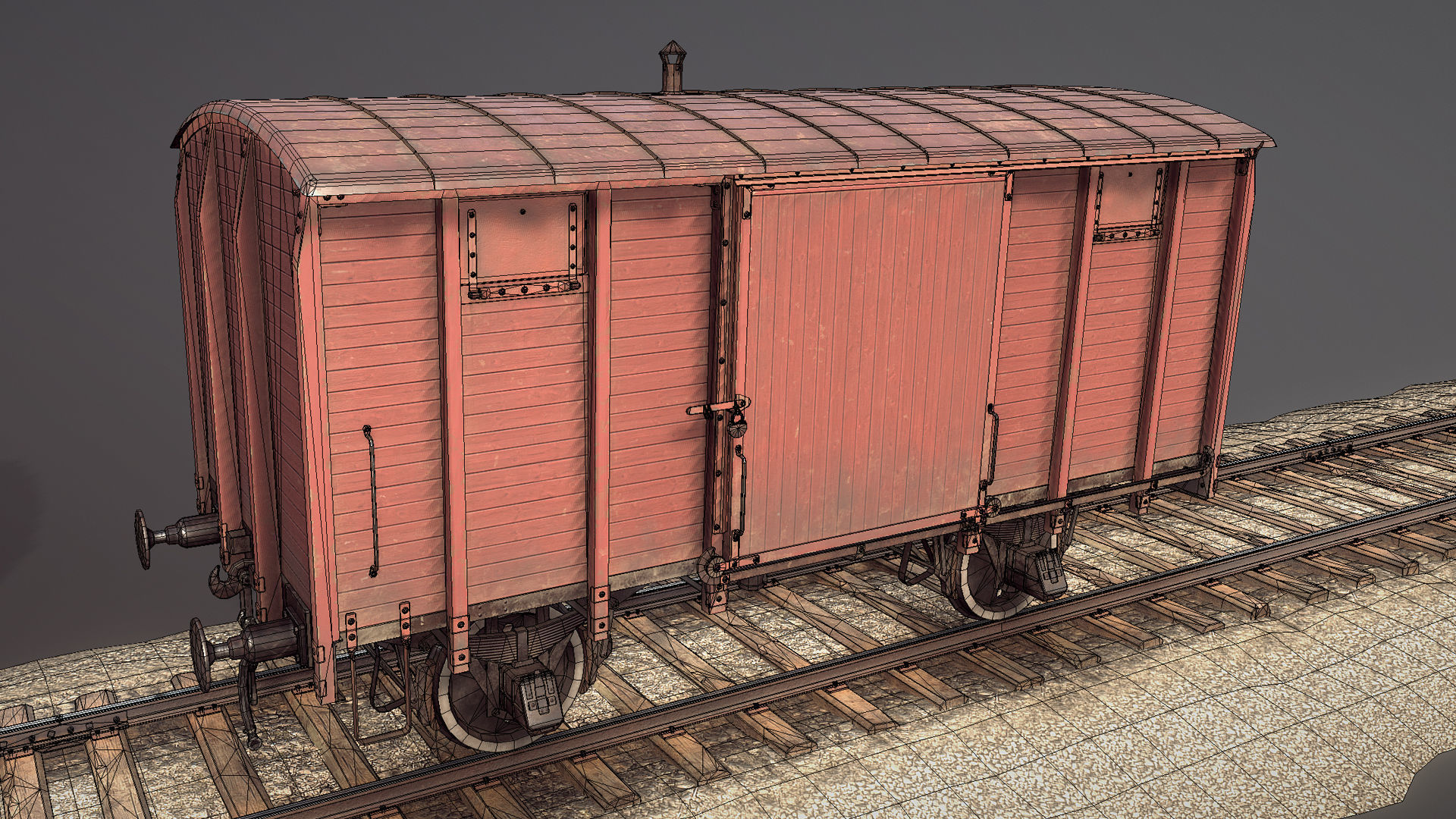 Railway Covered Goods Wagon 18T Vr1 Default Red Low-poly 3D model_26